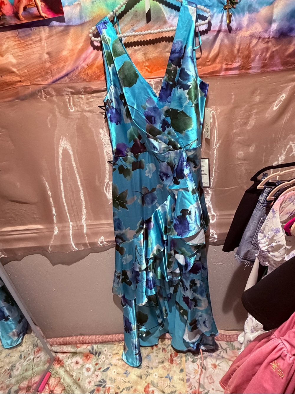 Eliza J Blue Floral Satin Wrap Maxi Dress